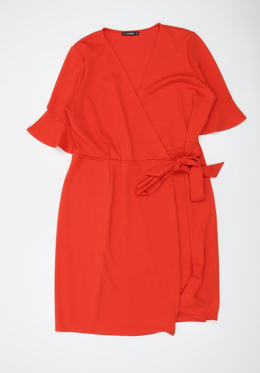 Dunnes Women’s Red Wrap Dress Size 14 Knee Length Belted