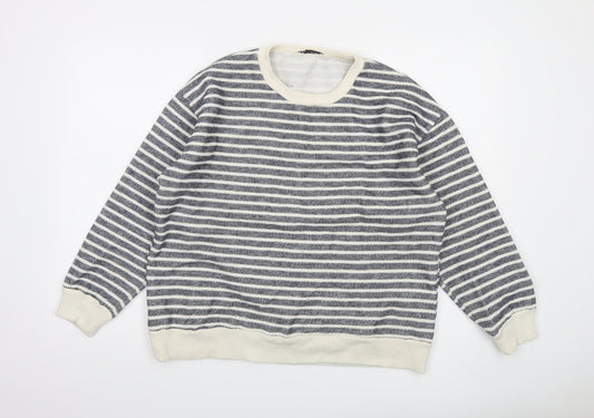 Zara Women Grey Striped Crew Neck Cotton Sweatshirt Size L
