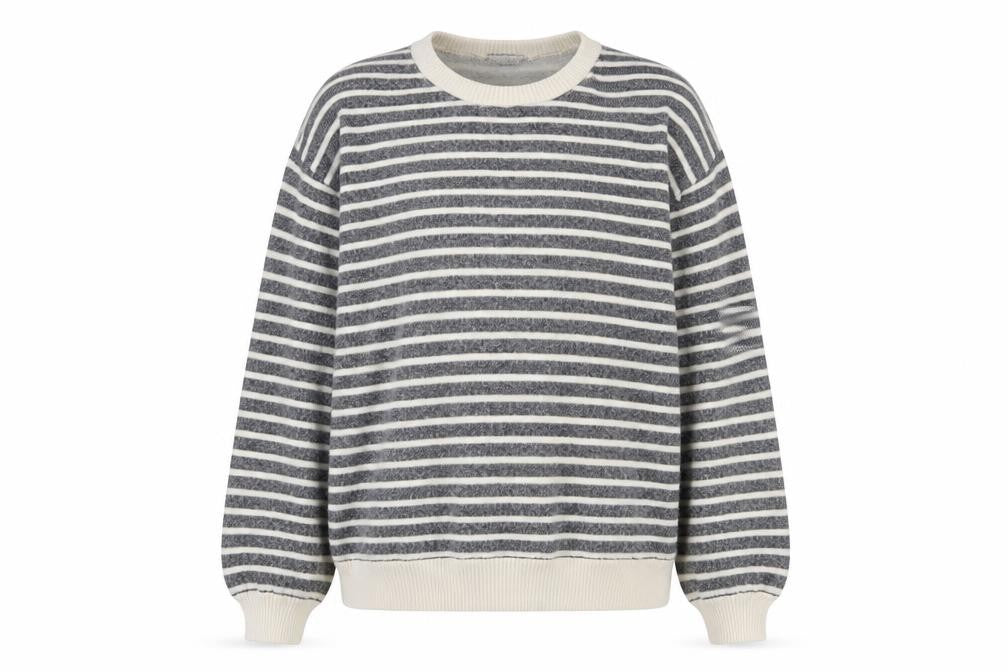 Zara Women Grey Striped Crew Neck Cotton Sweatshirt Size L