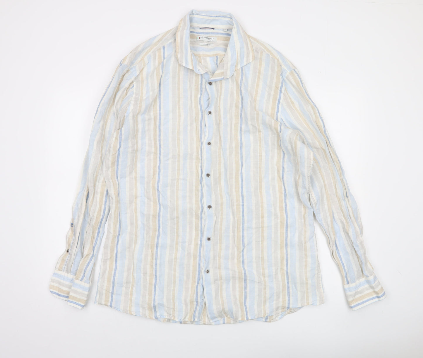 Giordano Men’s Multicoloured XL Linen Striped Long Sleeve Button-Up Shirt