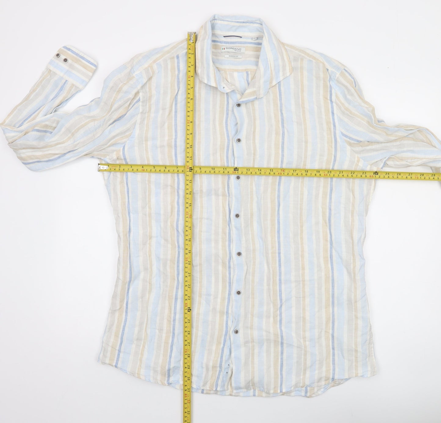 Giordano Men’s Multicoloured XL Linen Striped Long Sleeve Button-Up Shirt