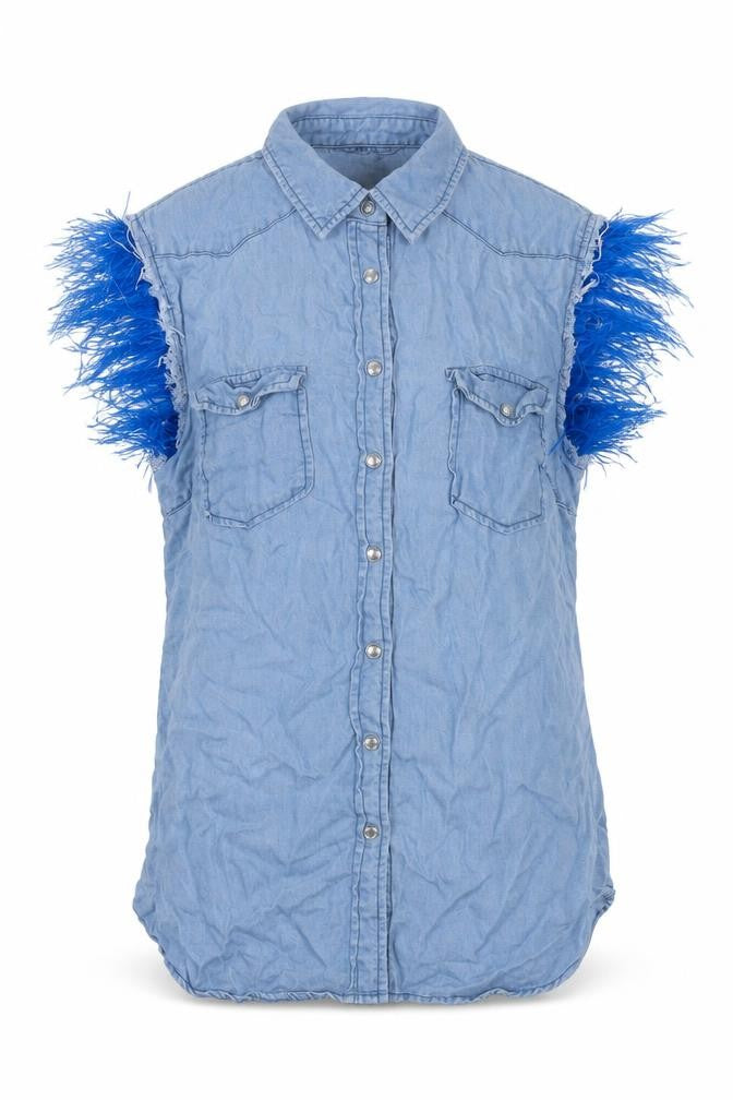 Sexy Woman Blue Sleeveless Collared Button-Up Denim Shirt Medium