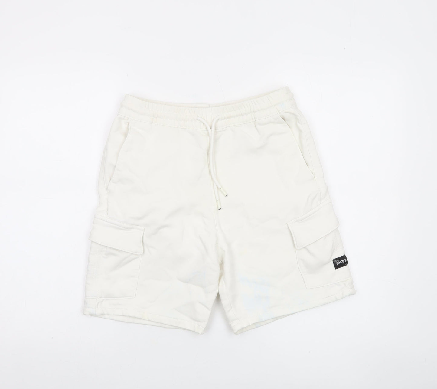 Bershka Men's White Cargo Shorts Small Cotton Blend Drawstring Elastic Waist