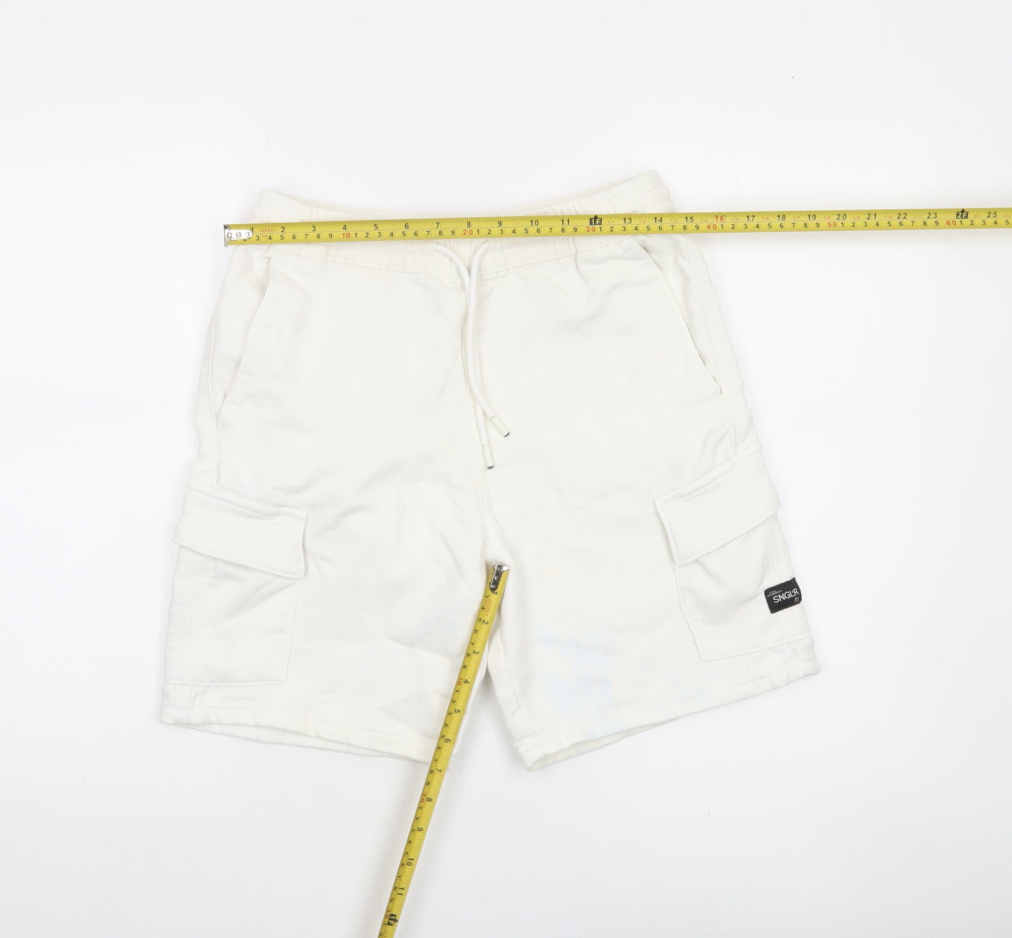 Bershka Men's White Cargo Shorts Small Cotton Blend Drawstring Elastic Waist
