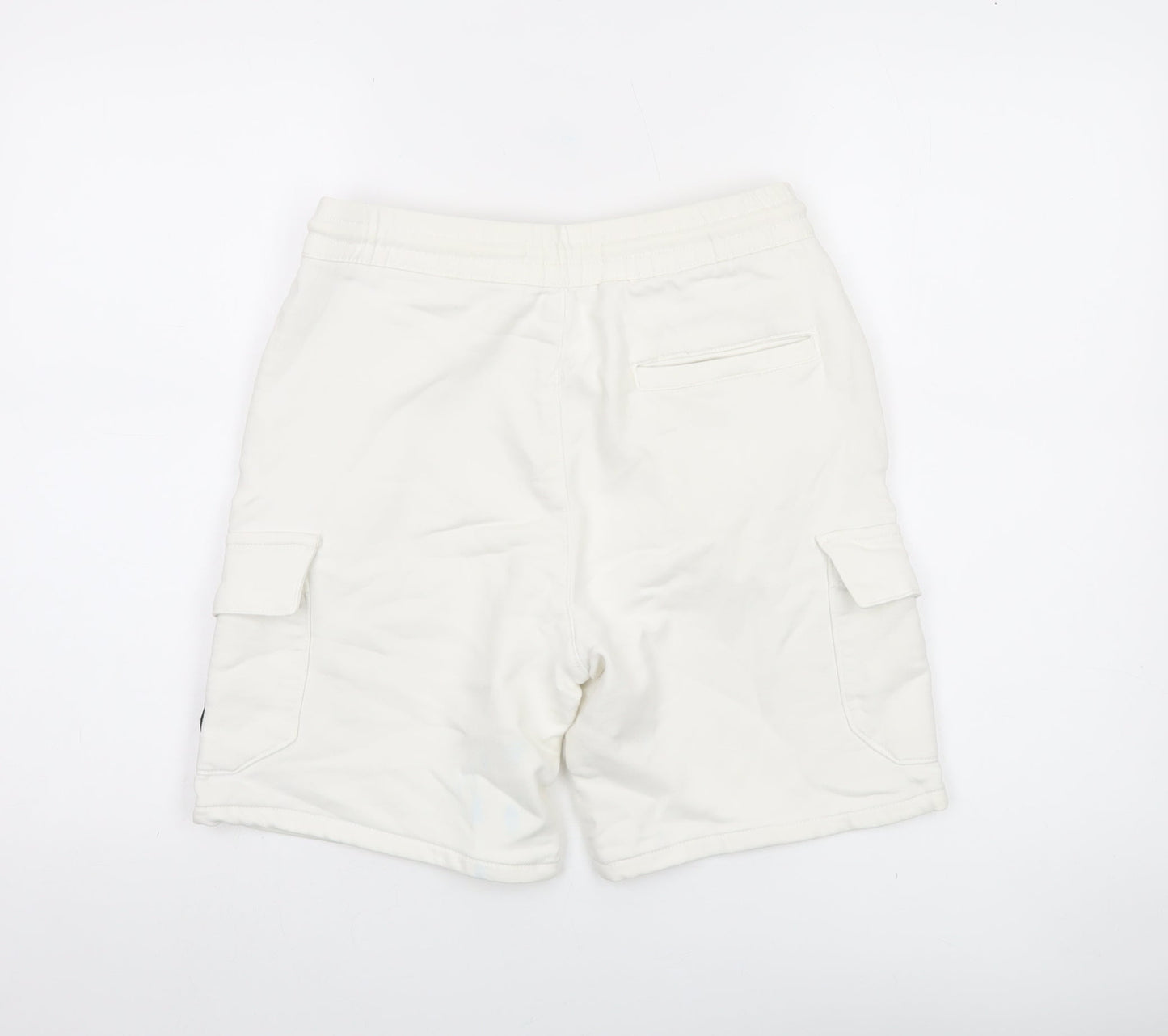 Bershka Men's White Cargo Shorts Small Cotton Blend Drawstring Elastic Waist