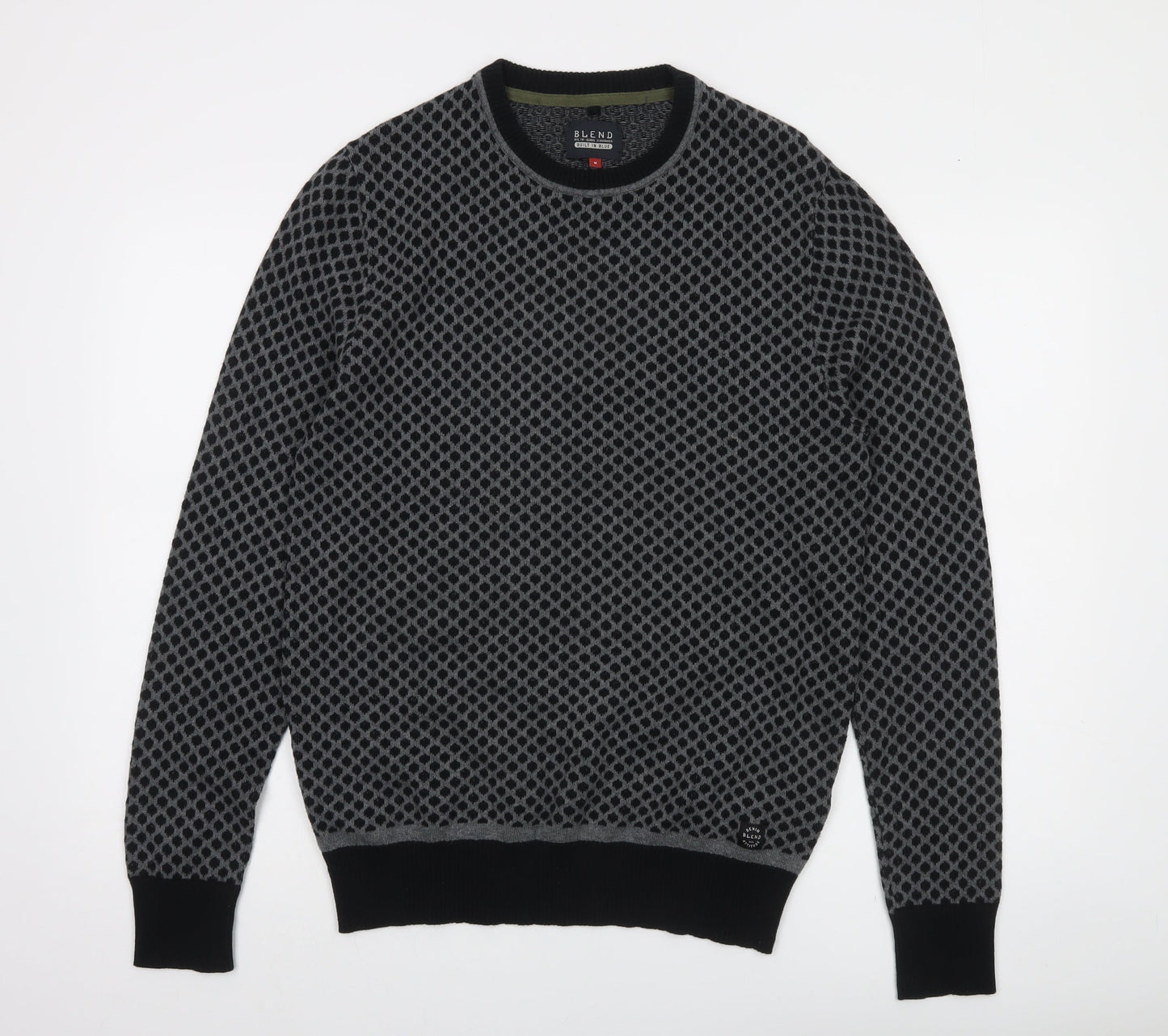 Blend Men's Grey Geometric Knit Cotton Pullover Jumper Size M