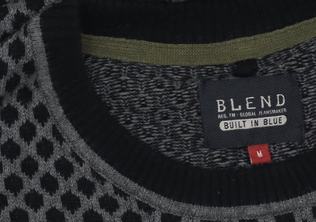 Blend Men's Grey Geometric Knit Cotton Pullover Jumper Size M