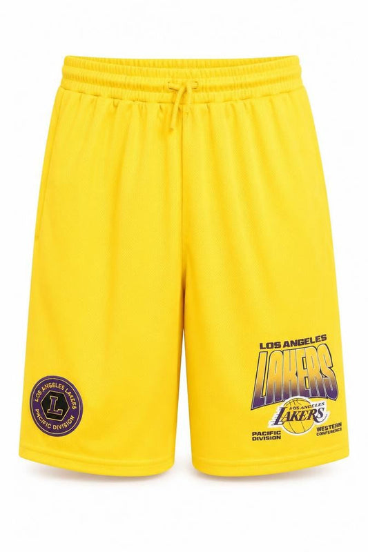 Front view of NBA boys’ yellow los angeles lakers athletic mesh shorts 11-12 years