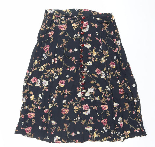 American Connection Women’s Black Floral Button Midi Skirt Size S Rayon