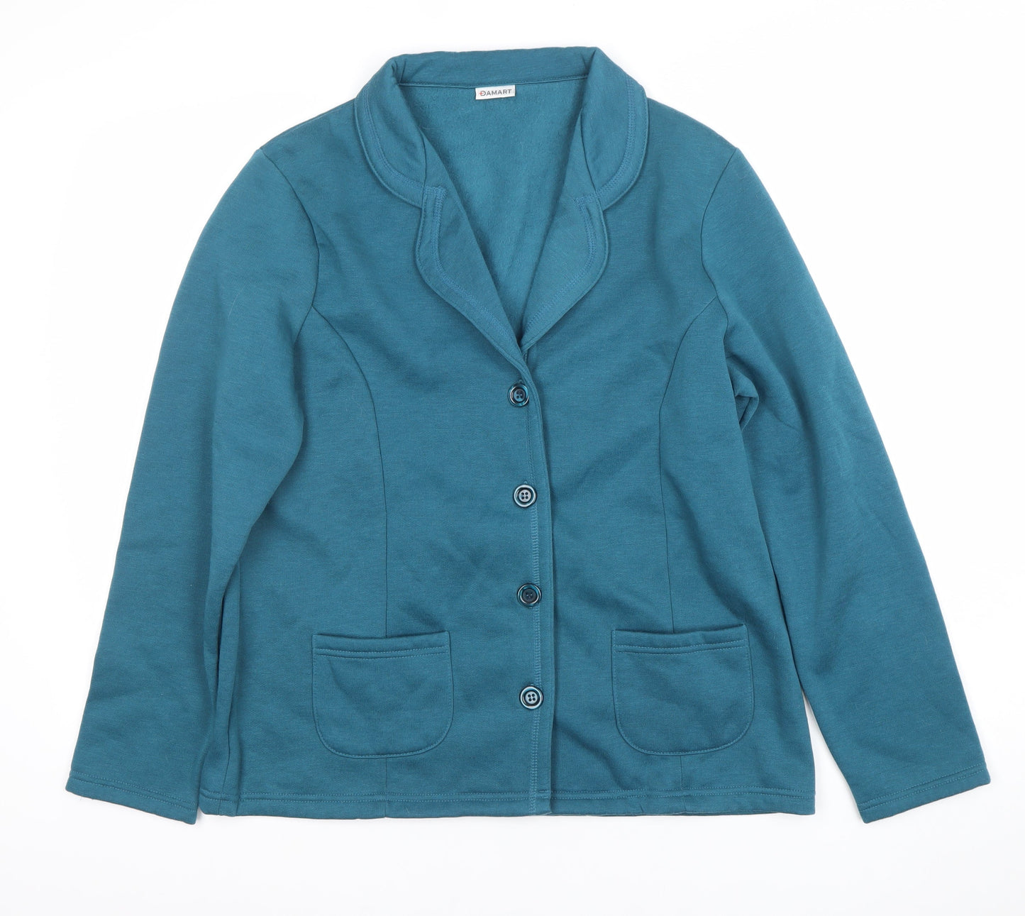 Damart Womens Blue Collared Cardigan M 14/16 Long Sleeve Polyester Cotton