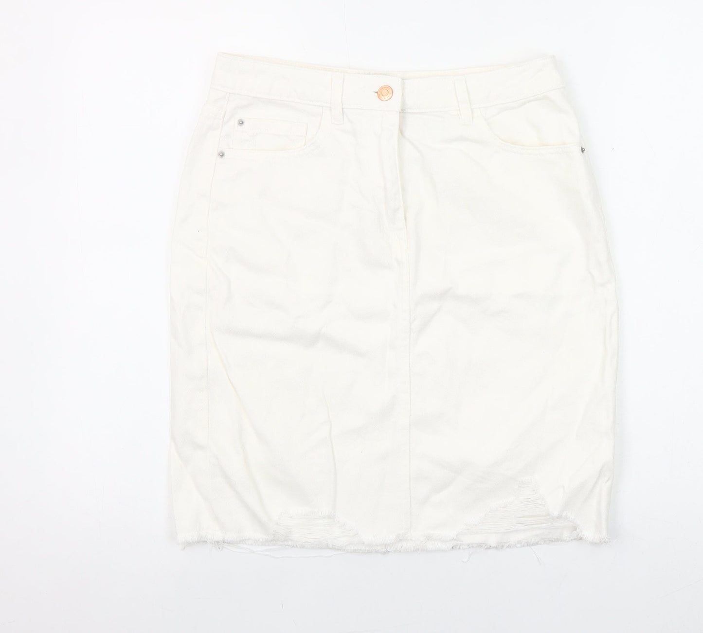 Next Women Ivory Denim Pencil Skirt Size 10 Tall Cotton Knee Length
