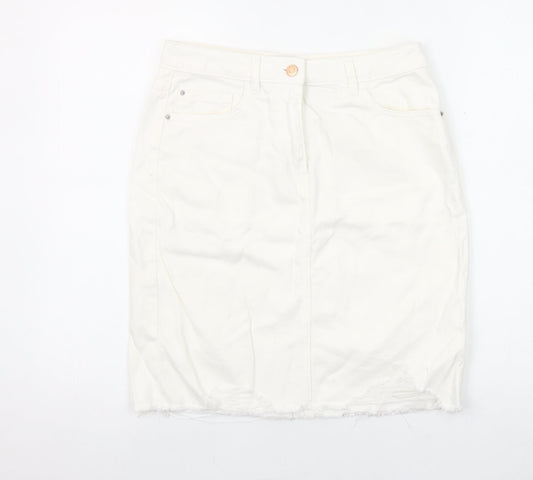 Next Women Ivory Denim Pencil Skirt Size 10 Tall Cotton Knee Length