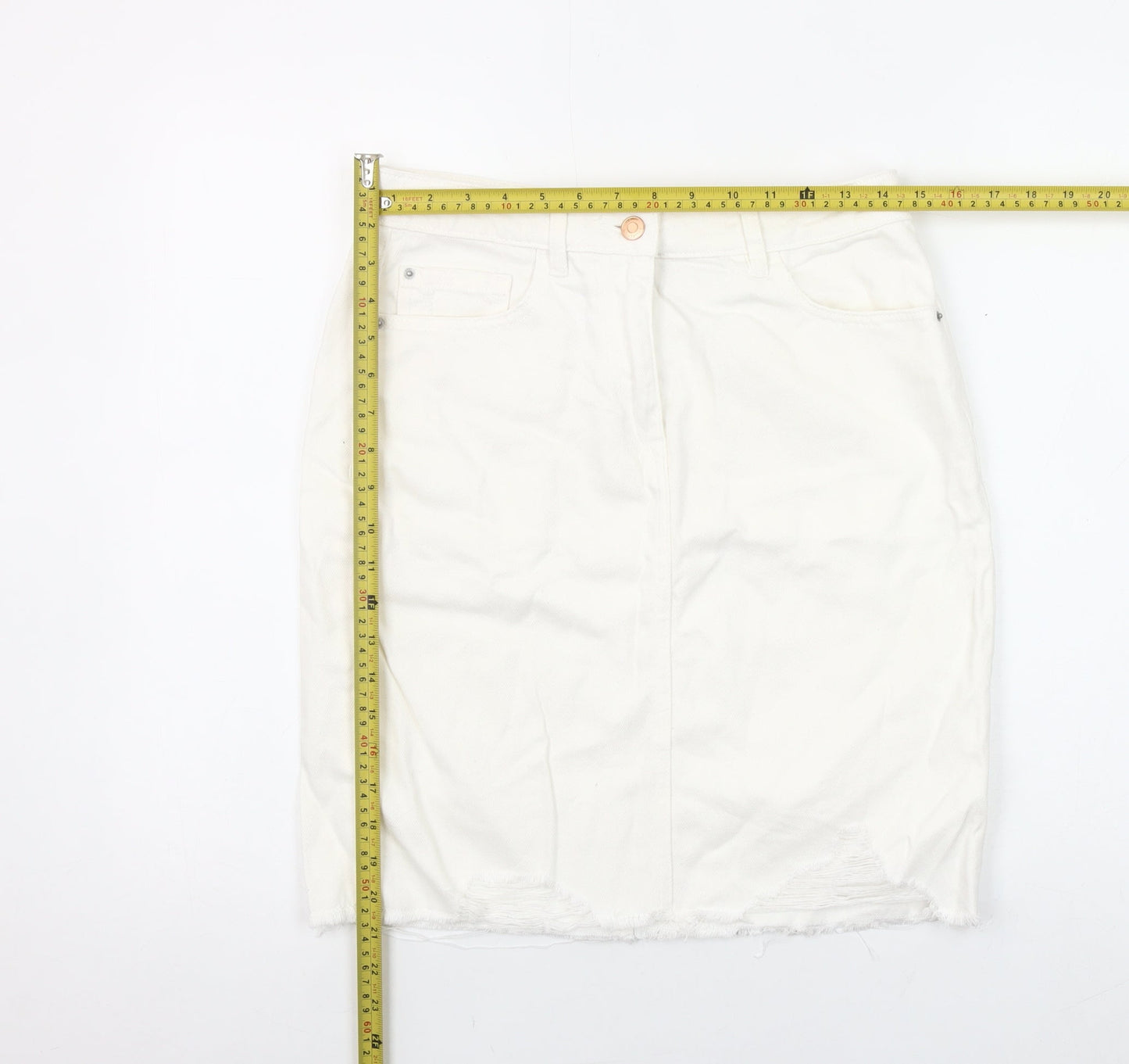 Next Women Ivory Denim Pencil Skirt Size 10 Tall Cotton Knee Length
