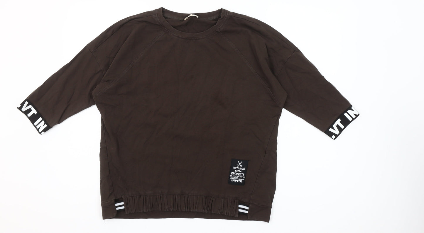 Megi Collection Women Brown Cotton Blend 3/4 Sleeve Pullover Sweatshirt S-M