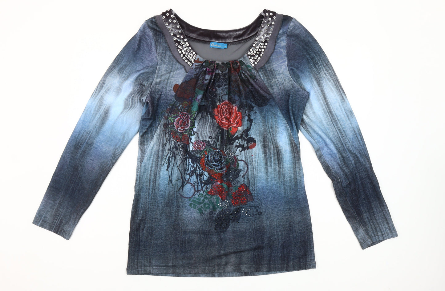 Carlina Womens Blue Floral Studded Long Sleeve Tunic Top L