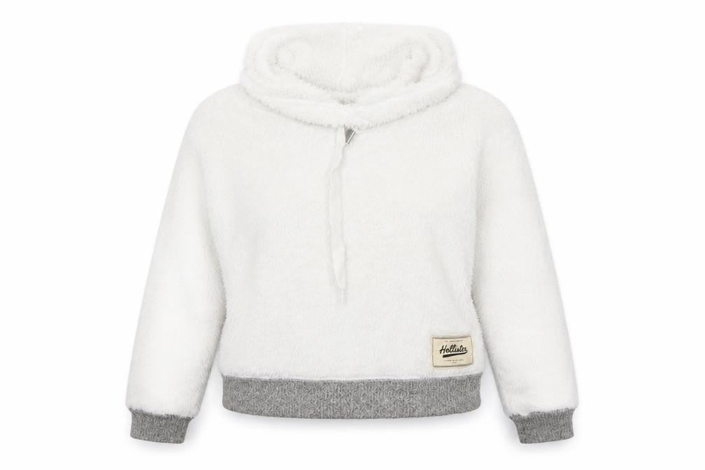 Hollister Women White Faux Fur Pullover Hoodie XS