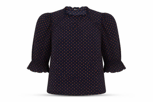 Front view of Zara Woman Blue Polka Dot Puff Sleeve Blouse, size S