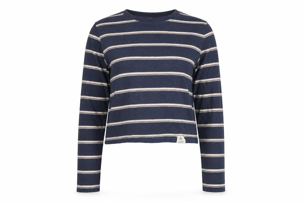 Pull&Bear Women Blue Striped Cropped Long Sleeve Cotton T-Shirt Size 8