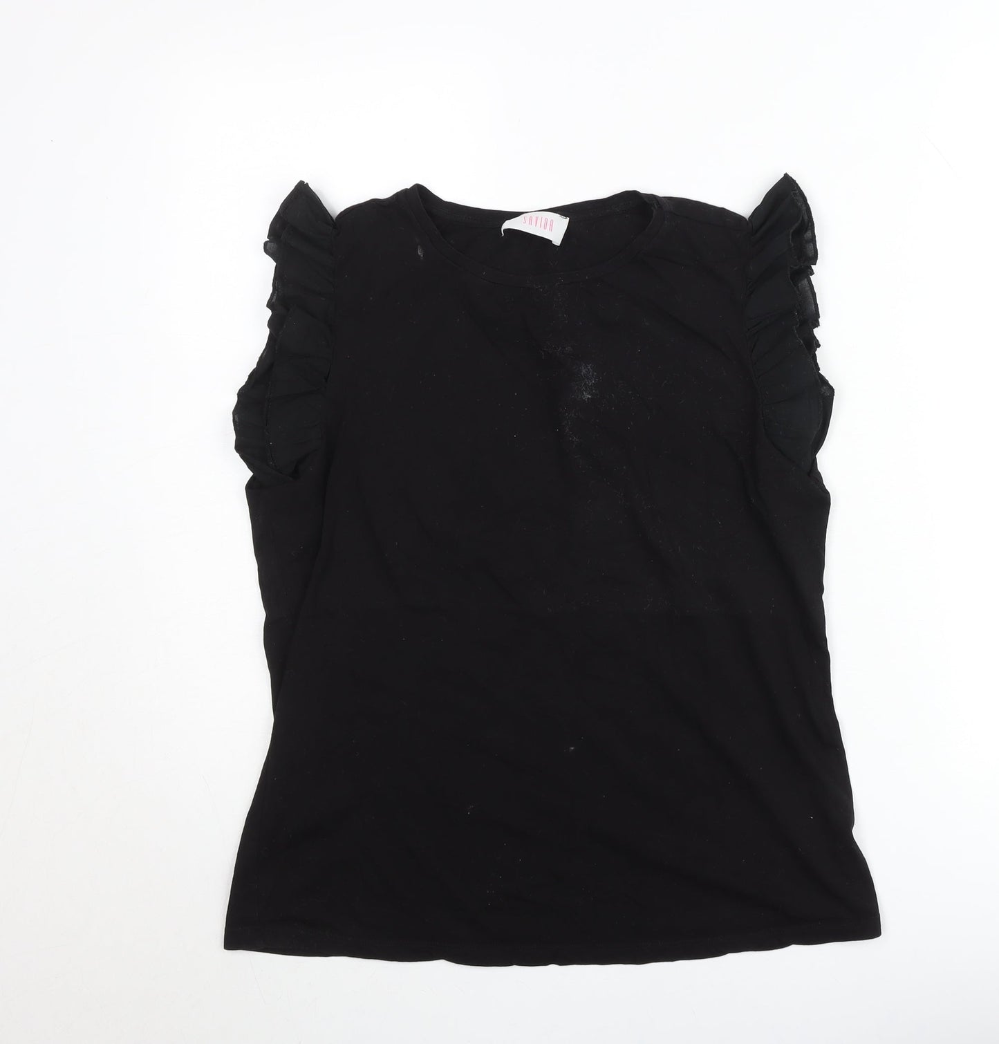 Savida Women Black Ruffle Sleeve Cotton T-Shirt Size 14