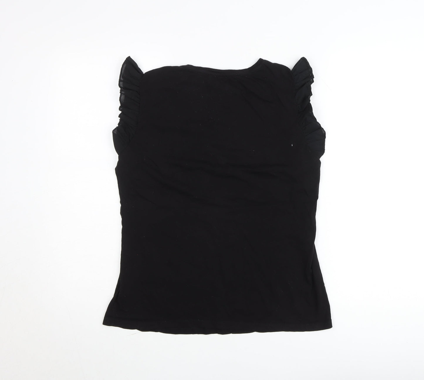 Savida Women Black Ruffle Sleeve Cotton T-Shirt Size 14