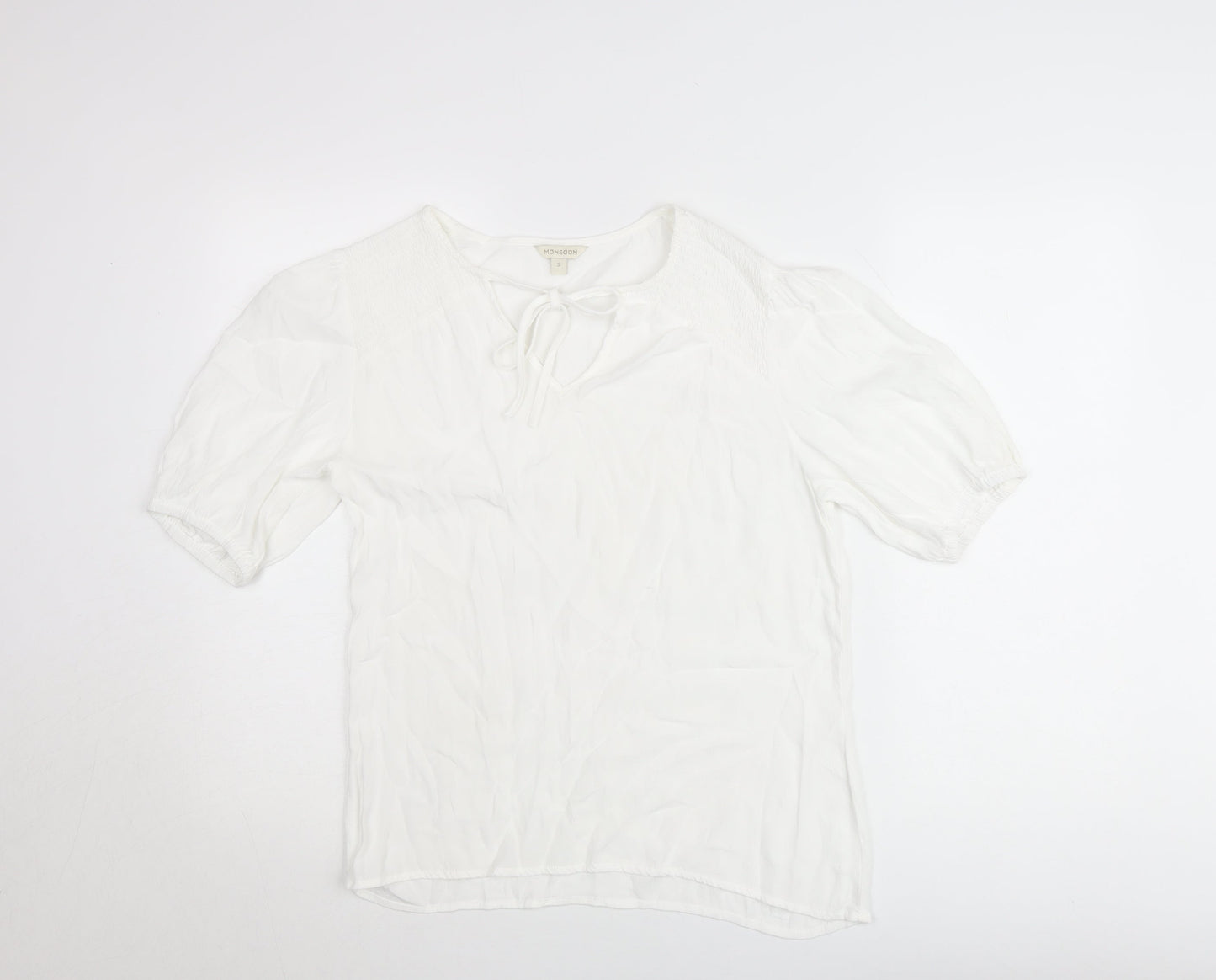 Monsoon Women’s White Short Sleeve Tie Neck Blouse Size S
