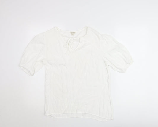 Monsoon Women’s White Short Sleeve Tie Neck Blouse Size S