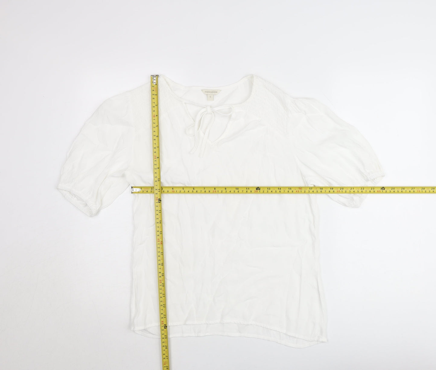 Monsoon Women’s White Short Sleeve Tie Neck Blouse Size S