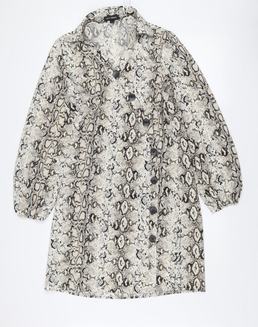 QED London Women’s Beige Animal Print Long Sleeve Shirt Dress UK 10