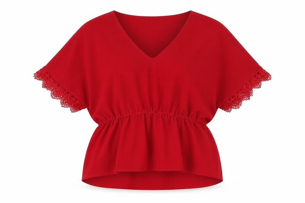 VILA Women’s Red V-Neck Crochet Sleeve Tunic Blouse Size 10