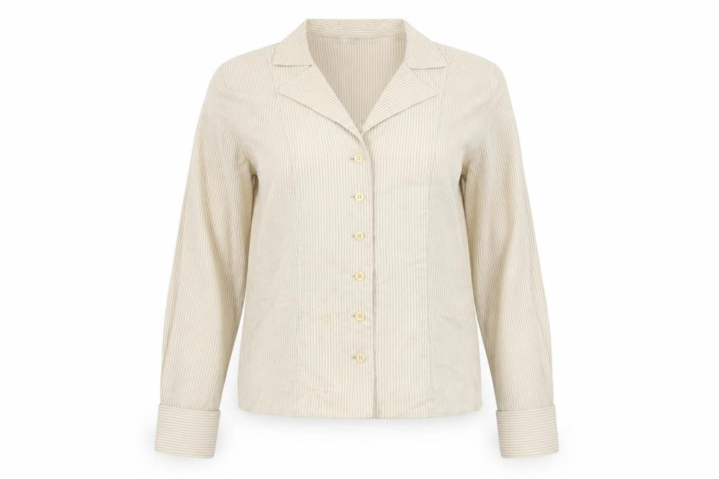 Mani Women’s Beige Striped Long Sleeve Button-Up Shirt Size 12 Vintage