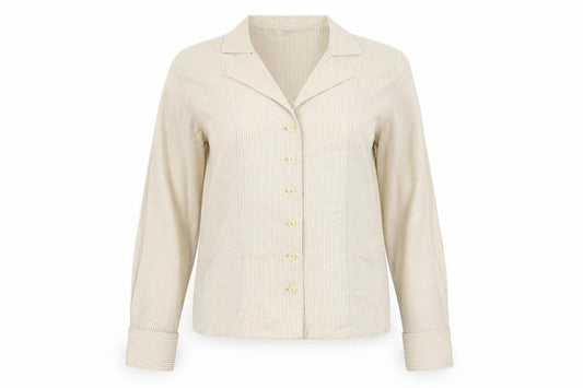 Mani Women’s Beige Striped Long Sleeve Button-Up Shirt Size 12 Vintage