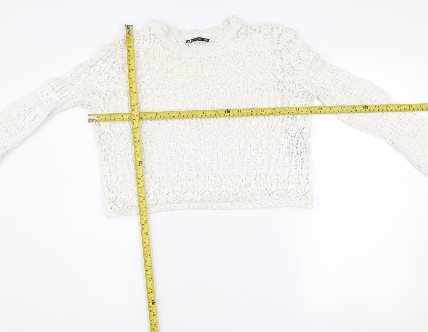 Zara Women White Open Knit Cotton Bell Sleeve Jumper M