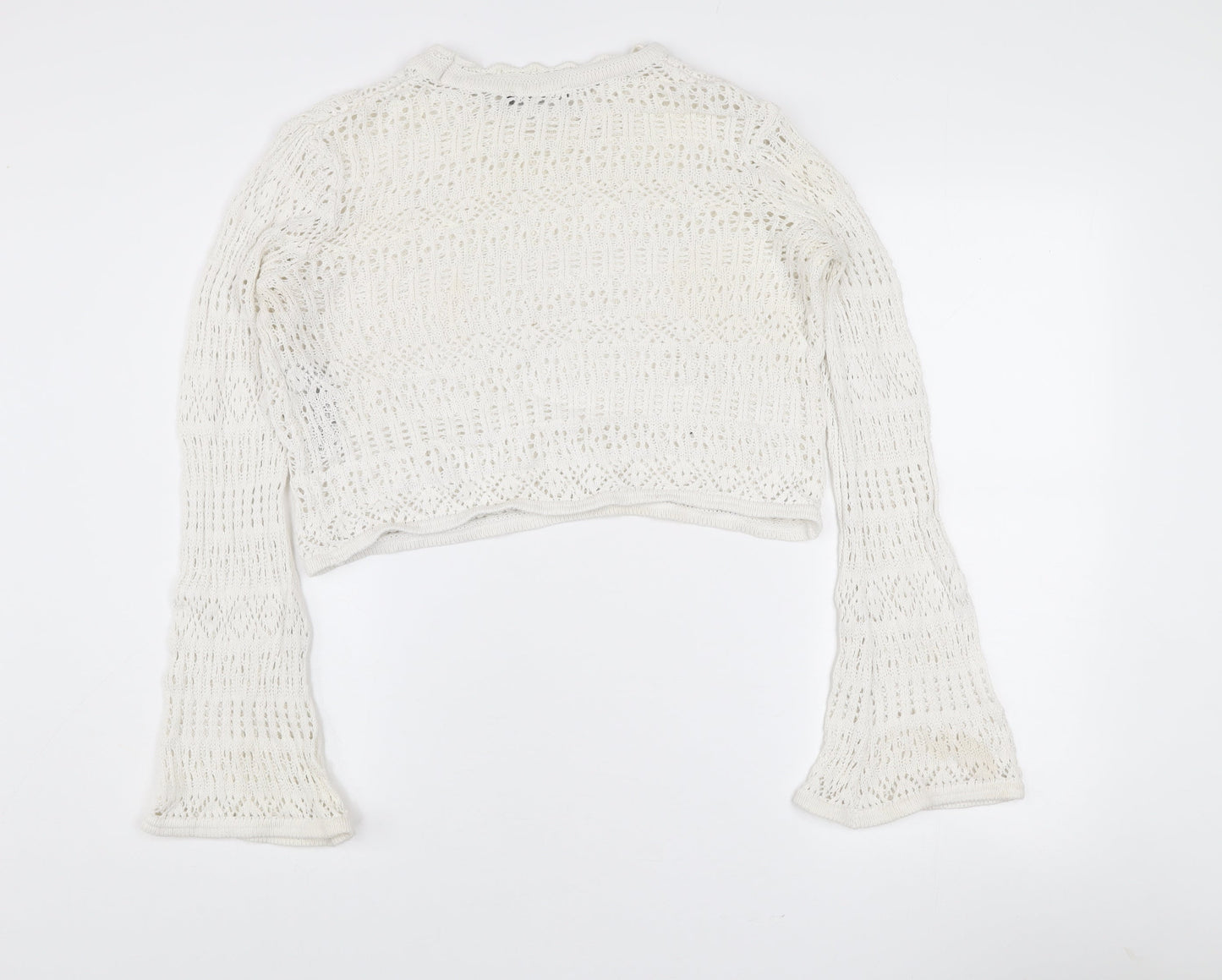 Zara Women White Open Knit Cotton Bell Sleeve Jumper M