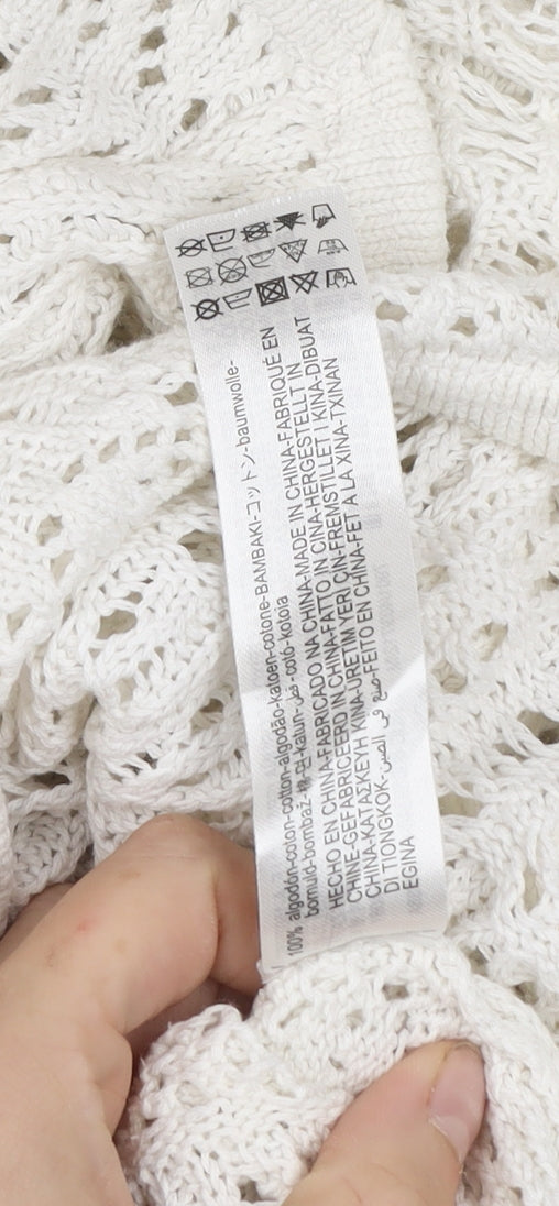 Zara Women White Open Knit Cotton Bell Sleeve Jumper M