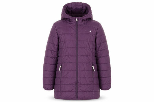Front view of Peter Storm girls’ purple hooded puffer jacket 11-12 years lined mid-length