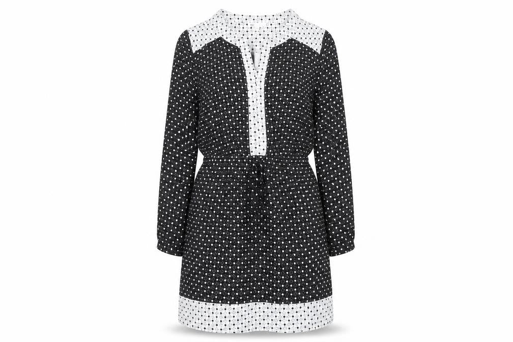 DR2 Women's Black Polka Dot Shift Dress Size L Long Sleeve