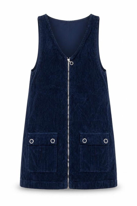 Topshop Moto Women's Blue Corduroy Zip Pinafore Dress Size 8