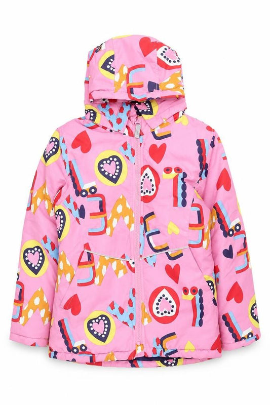 Front view of NAME IT girls’ pink hearts hooded puffer jacket 10 years polyester lined