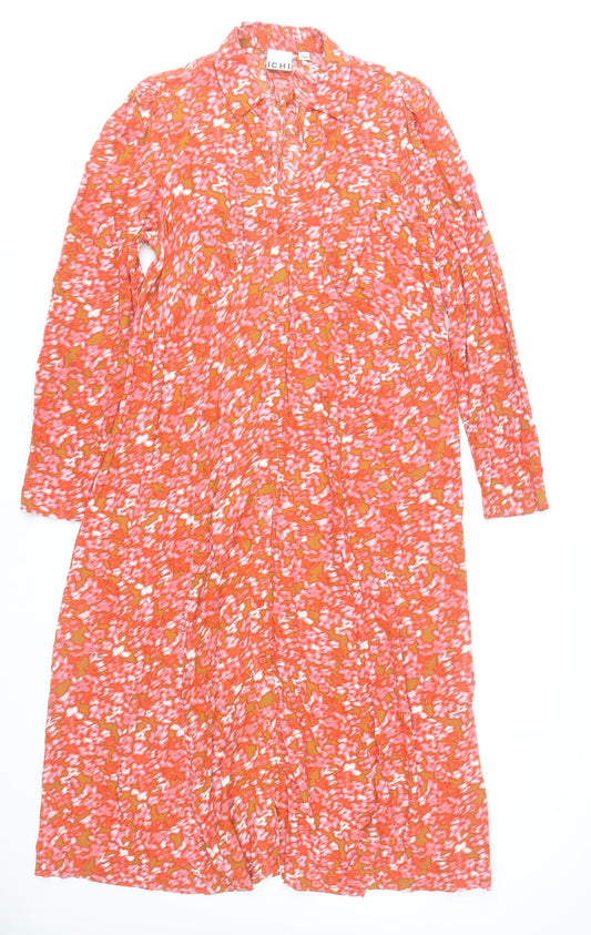 ICHI Womens Orange Floral Shirt Dress Size 10 Midi Viscose