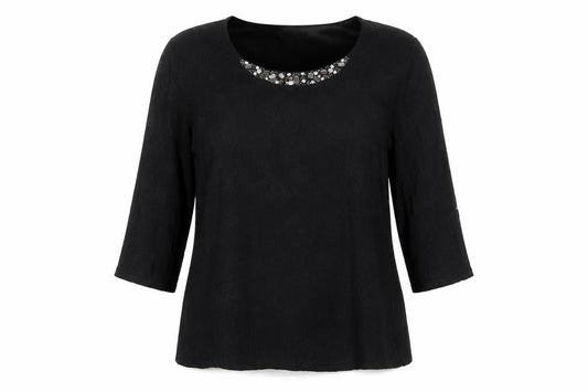 Front view of Dunnes Women's Black Lace Beaded Neck Tunic Blouse, size 18