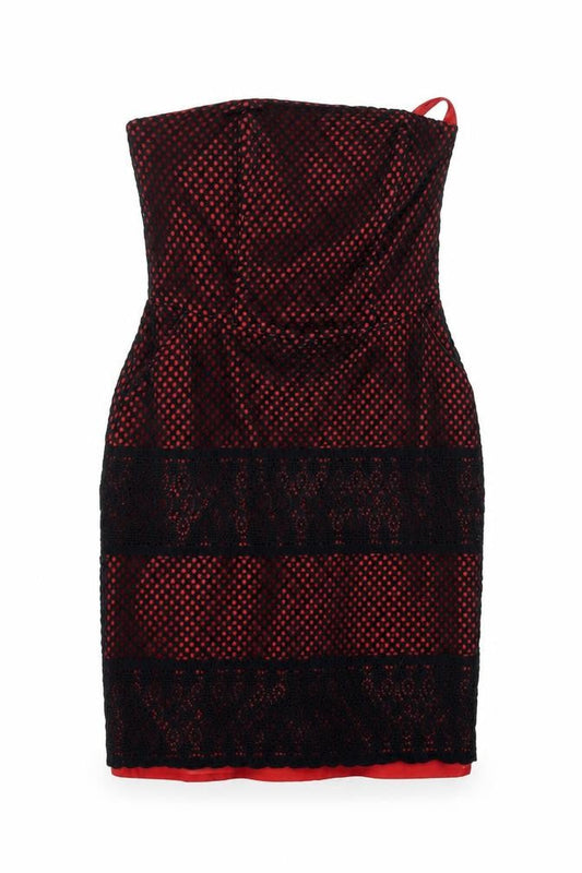 Front view of Papaya Women’s Red Black Lace Strapless Bodycon Dress, size UK 14