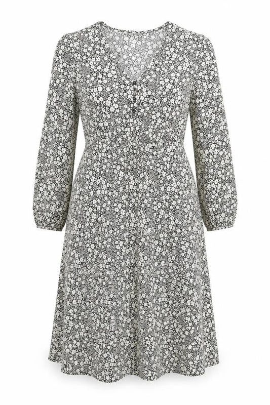 Front view of Dunnes Women’s Black Floral Bodycon Dress, size UK 12, V-Neck Long Sleeve