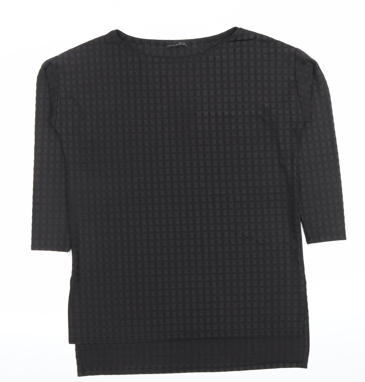 Zara Women Black Check Textured Tunic Top Size L 3/4 Sleeve