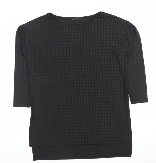 Zara Women Black Check Textured Tunic Top Size L 3/4 Sleeve