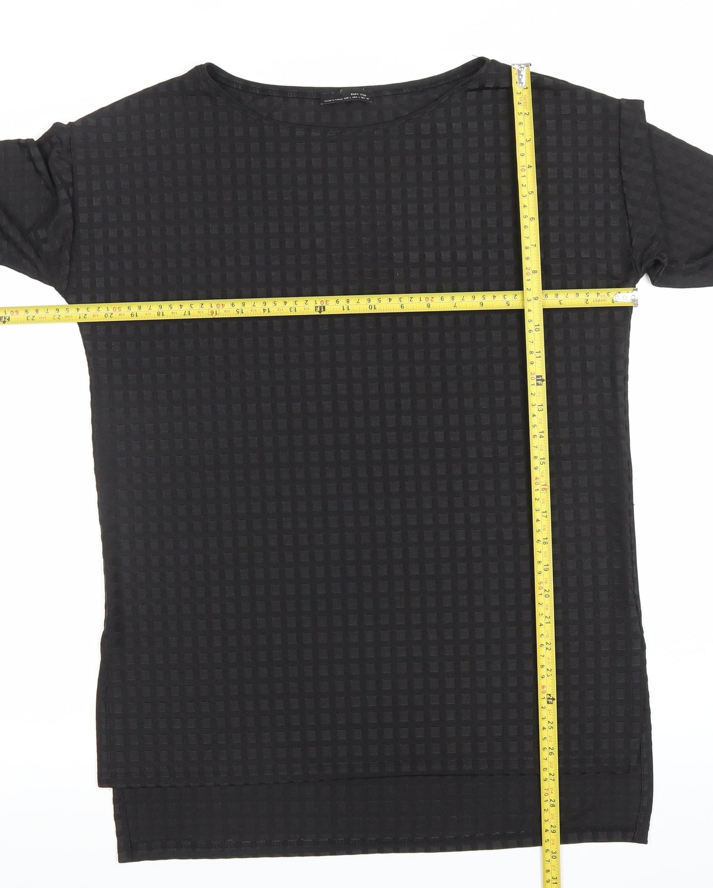 Zara Women Black Check Textured Tunic Top Size L 3/4 Sleeve
