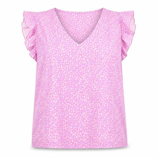 Front view of Dunnes Women's Pink Floral Ruffle Sleeveless V-Neck Blouse XL