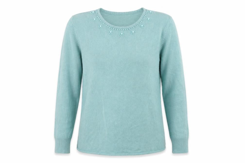 Dixie Women’s Blue Beaded Round Neck Wool Blend Jumper Size L