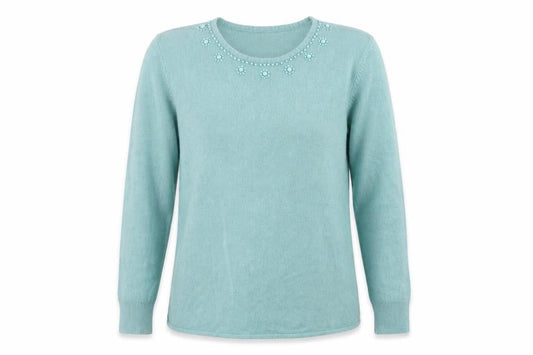 Dixie Women’s Blue Beaded Round Neck Wool Blend Jumper Size L