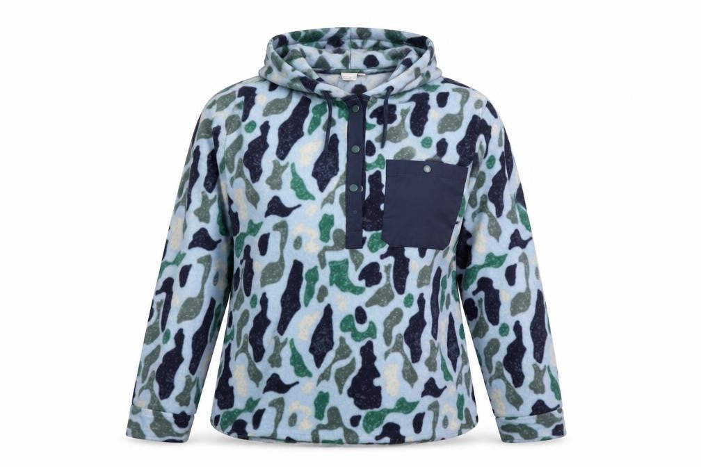 Ascend Women's Blue Camouflage Fleece Henley Hoodie Size L