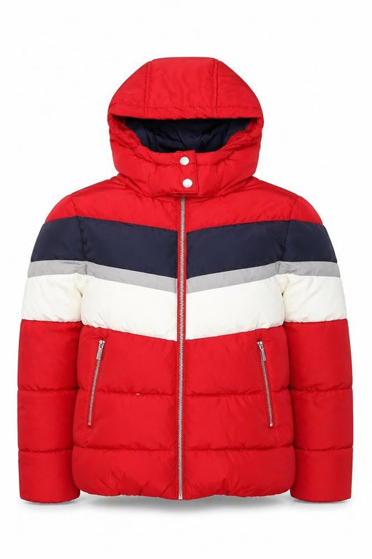 Front view of New Look girls’ red colourblock puffer jacket hooded winter coat, size 6, years